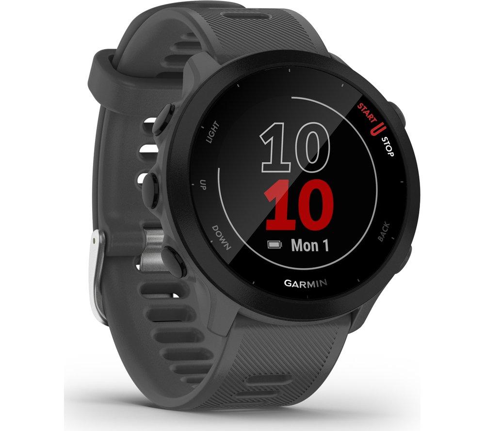a garmin watch with a black face and a red number